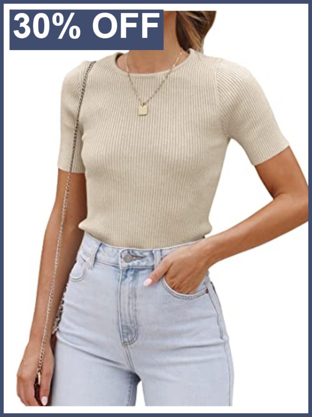 Women's Short Sleeve Sweater Top Crewneck Ribbed Knit T-Shirt Slim Fit